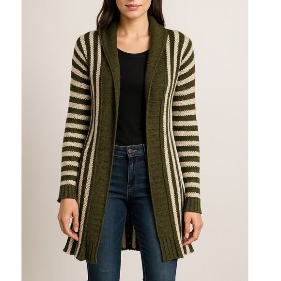 Wet Seal Olive Green & White Striped Knitted Open Front Cardigan Womens Size M - Picture 1 of 8